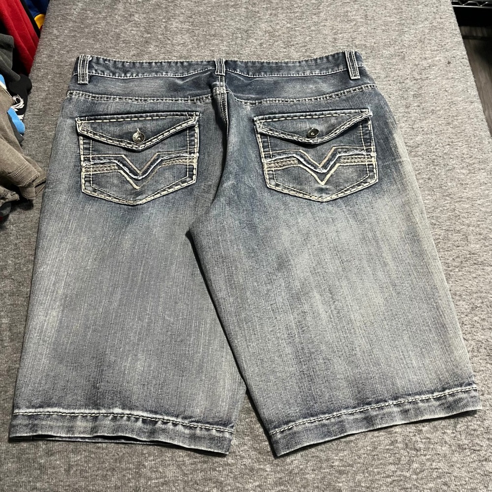 Route 66 Premium Mens Blue Denim Shorts Size 36 Embroidered Flap Pocket Y2K